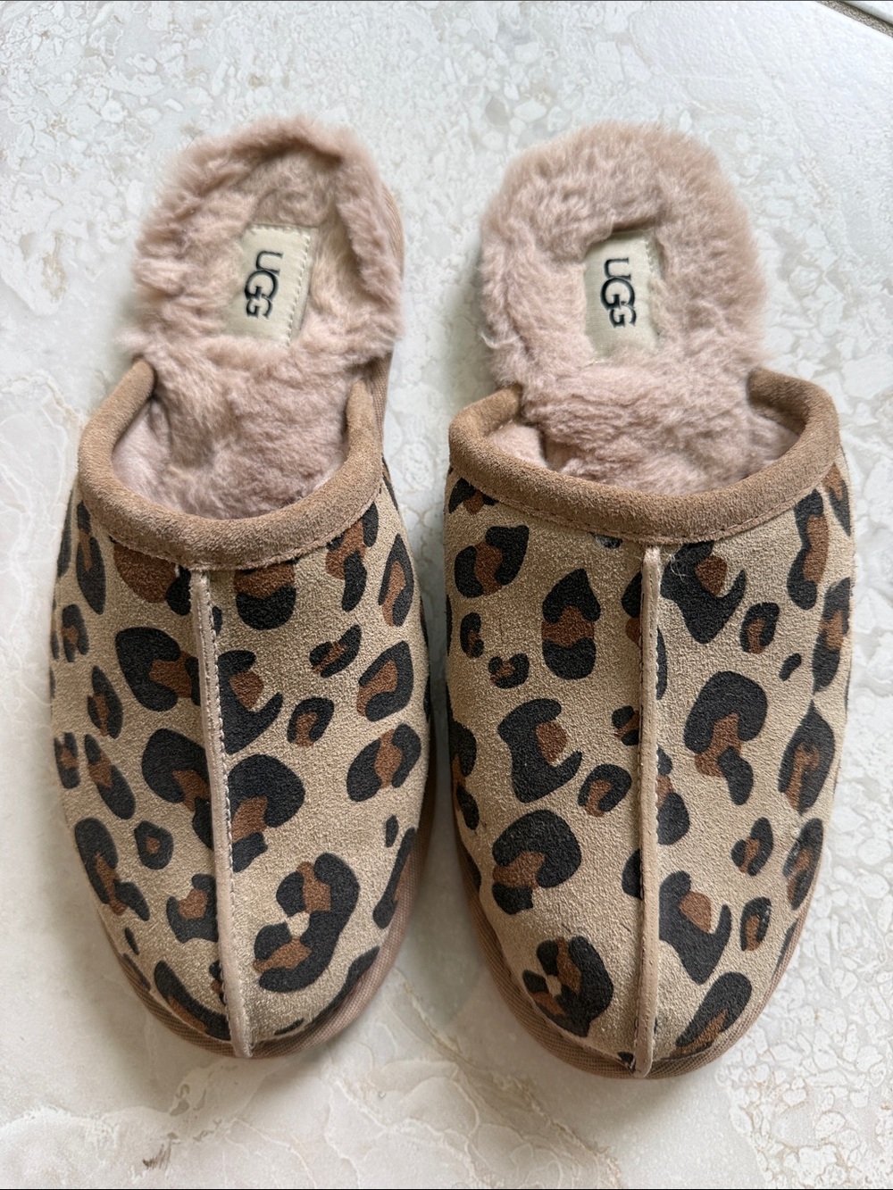 UGG Leopard-Pattern Shearling Mules in Tan & Brown